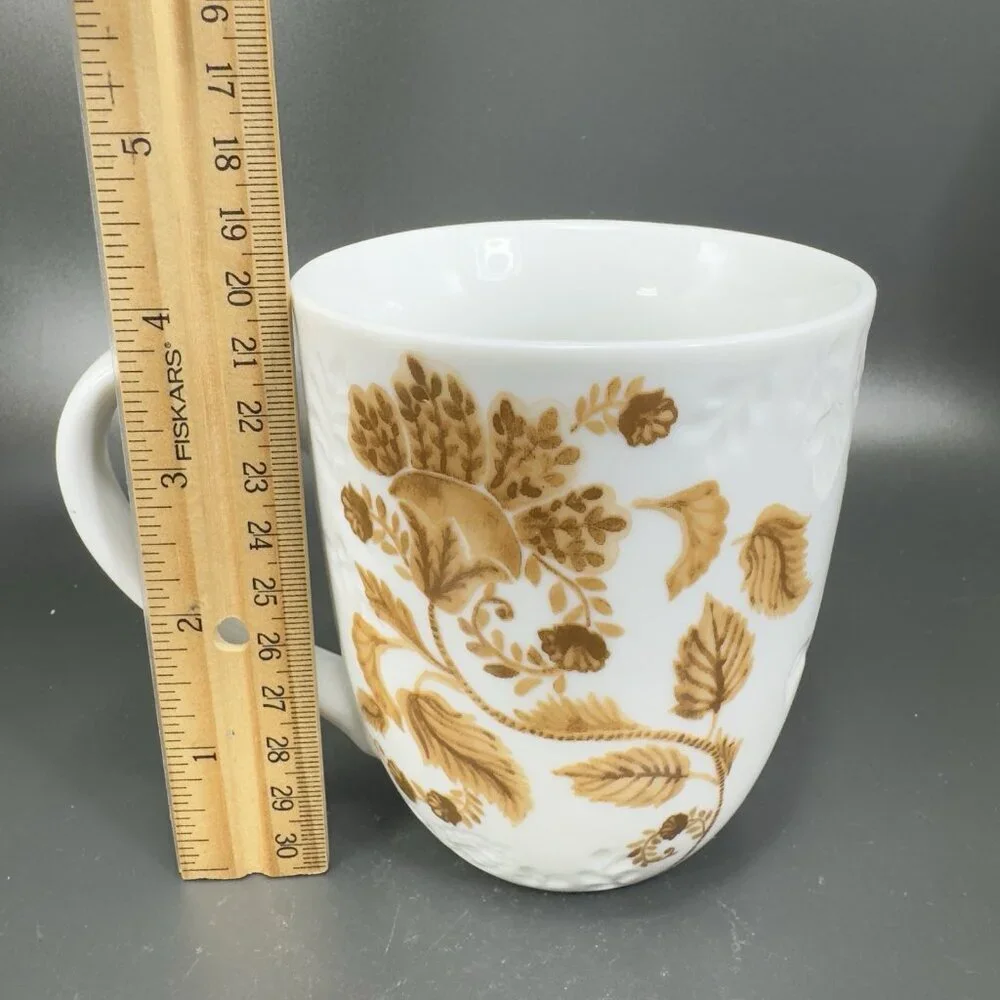 Pier 1 Porcelain Coffee Mug Cup Initial Letter‎ J Monogram Brown Leafs Pattern
